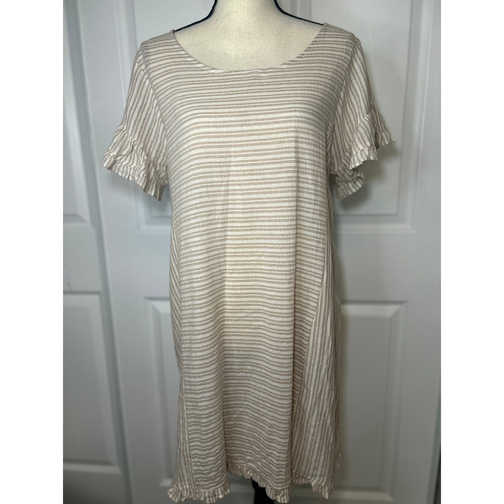 Umgee Striped Linen Blend Dress Ruffle Sleeve Casual Tan Beige Large Cover Up